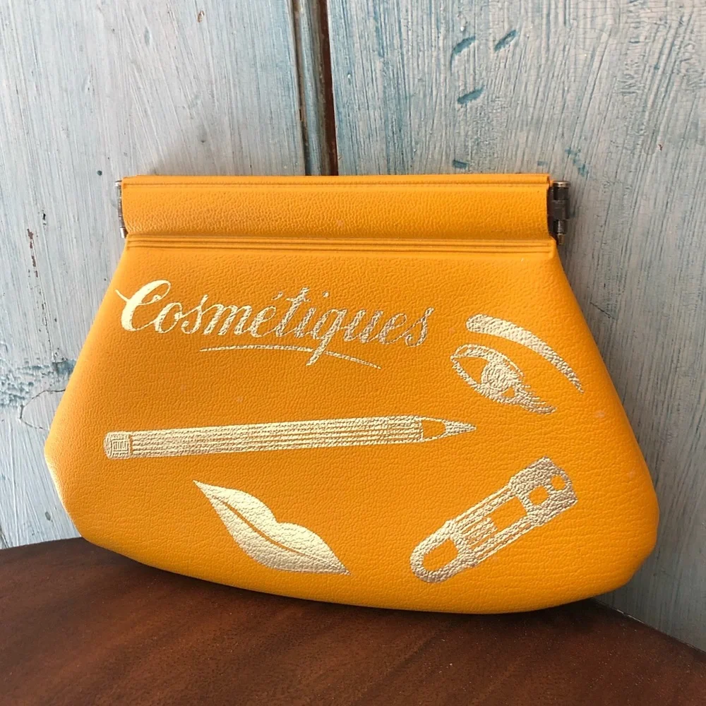 Vintage 1950’s “cosmetiques” mustard pouch for purse w/silver script & pictures - Picture 5 of 11